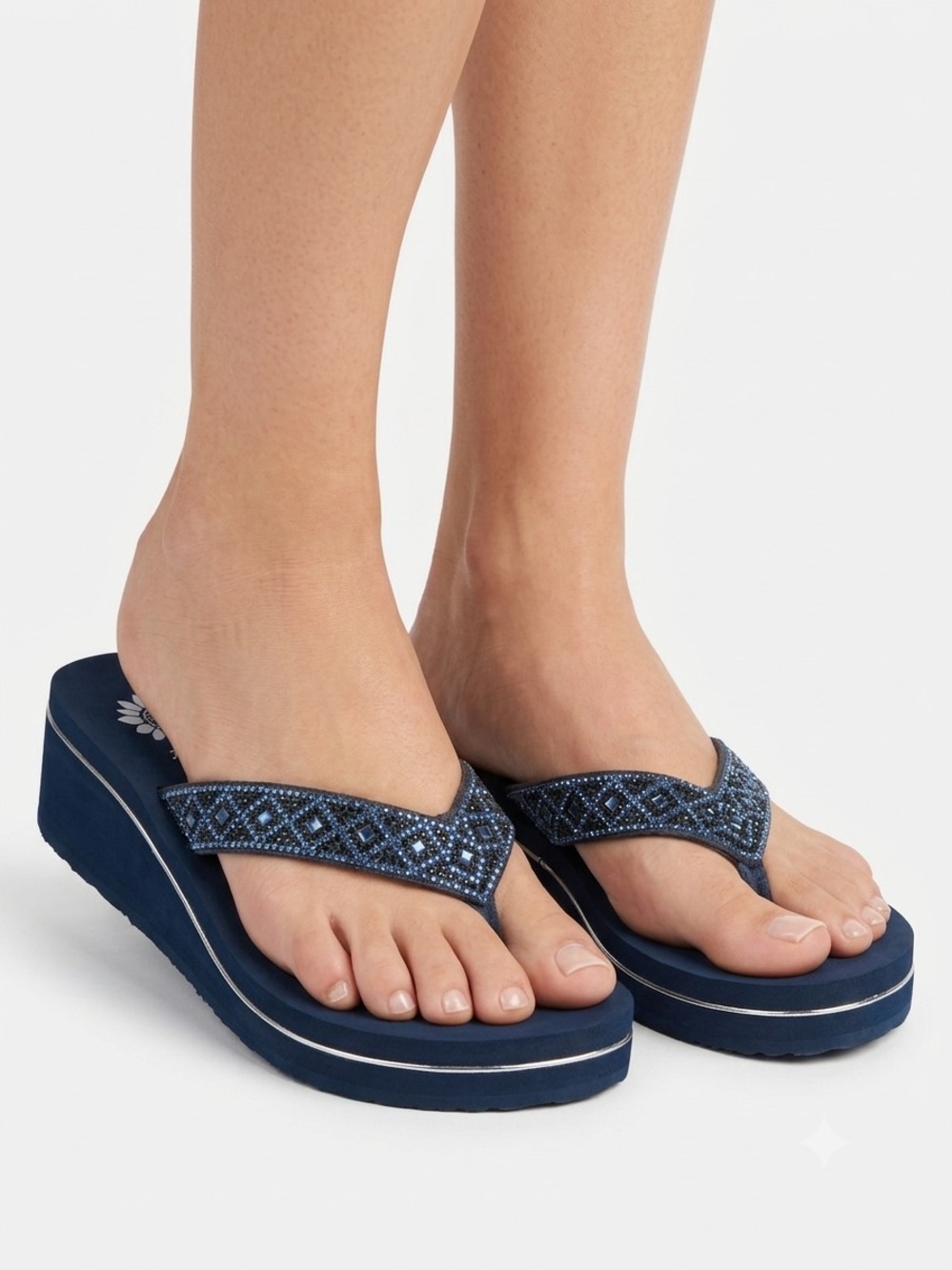Yellow Box Achillas Navy Blue Rhinestone Wedge Platform Sandals Sz 7.5